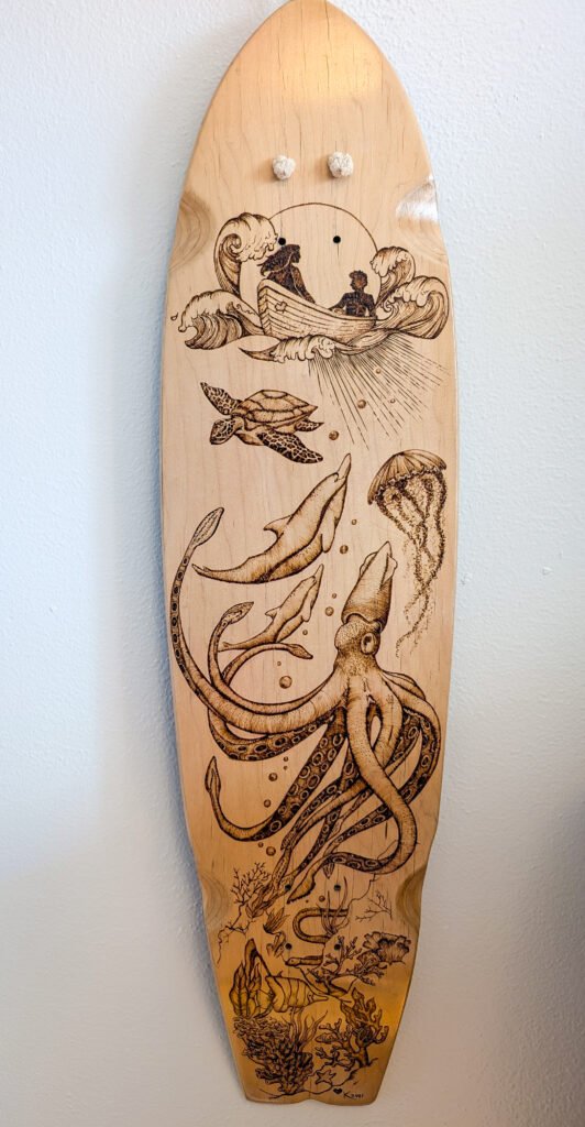 Woodburned longboard display