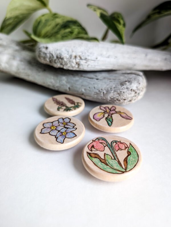 Woodburned Wildflower Art Magnets Handmade Newfoundland Wildflower Magnets