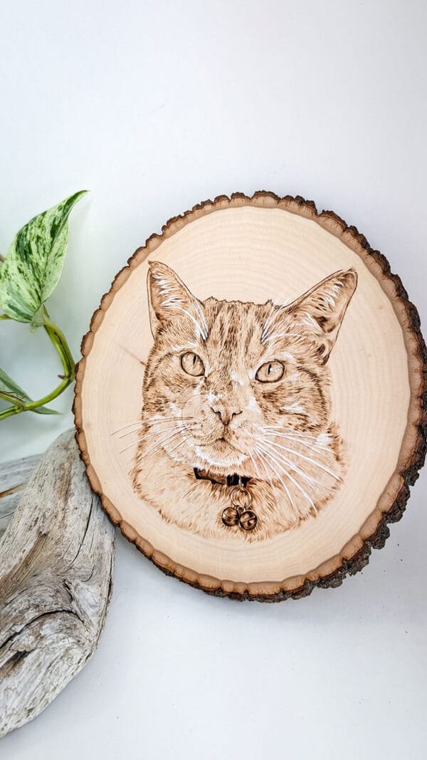 View of wood burned pet portrait