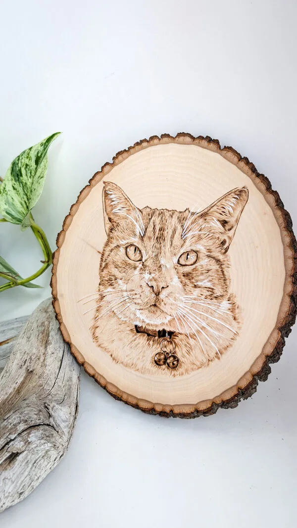 View of wood burned pet portrait