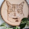 Front view of wood burned pet portrait