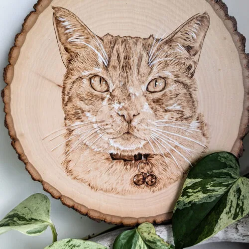 Front view of wood burned pet portrait