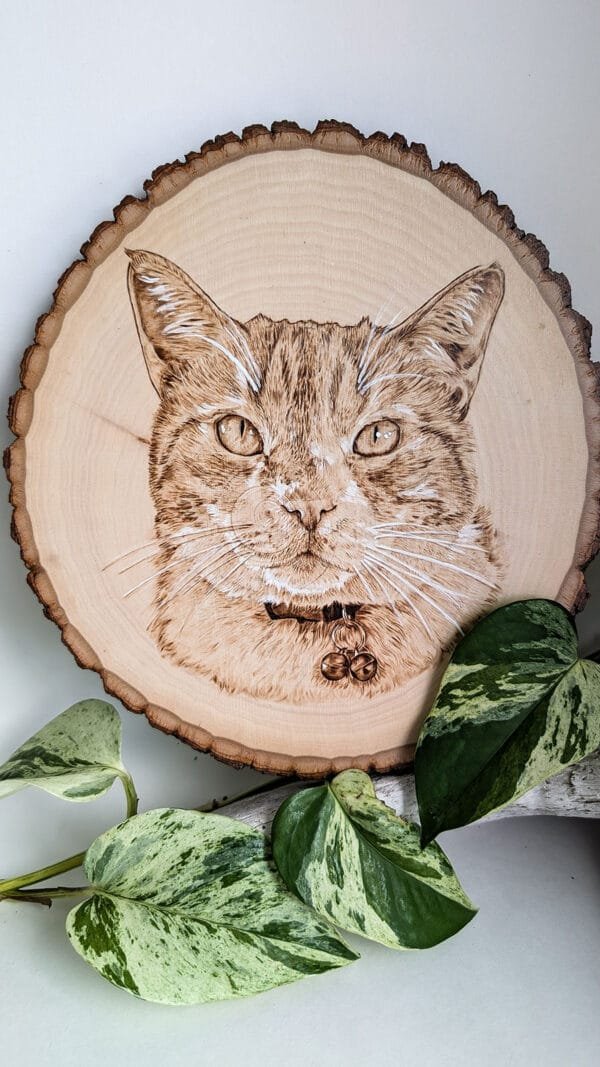 Front view of wood burned pet portrait