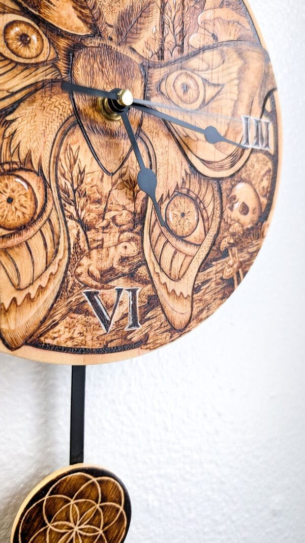 Wood burned clock Close up of a wood burned clock, side view