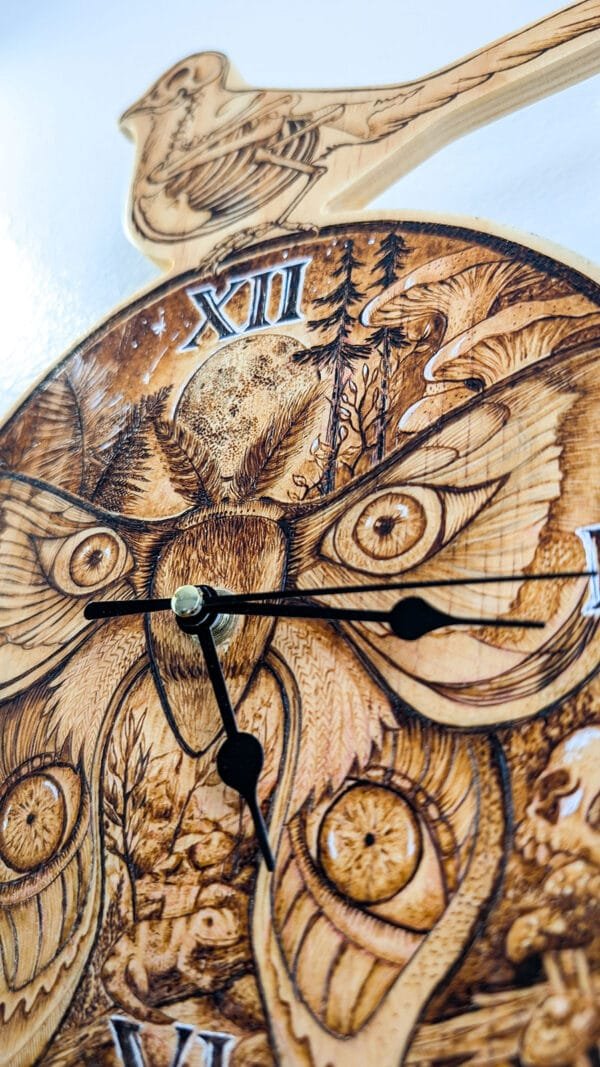 Wood burned Clock Front Closeup of details on a wood burned clock