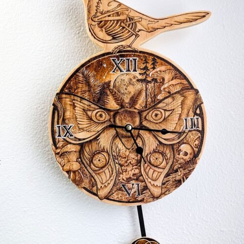 Full front view of a wood burned clock